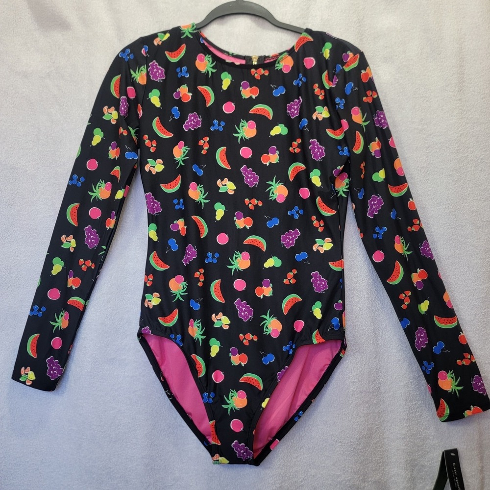 KATE SPADE Rash Guard Size M Black/multi Fruits Swimsuit Long Sleeve NWT